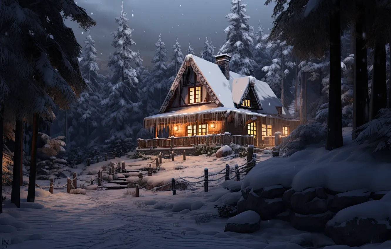 Фото обои зима, лес, снег, ночь, дом, Рождество, Новый год, домик