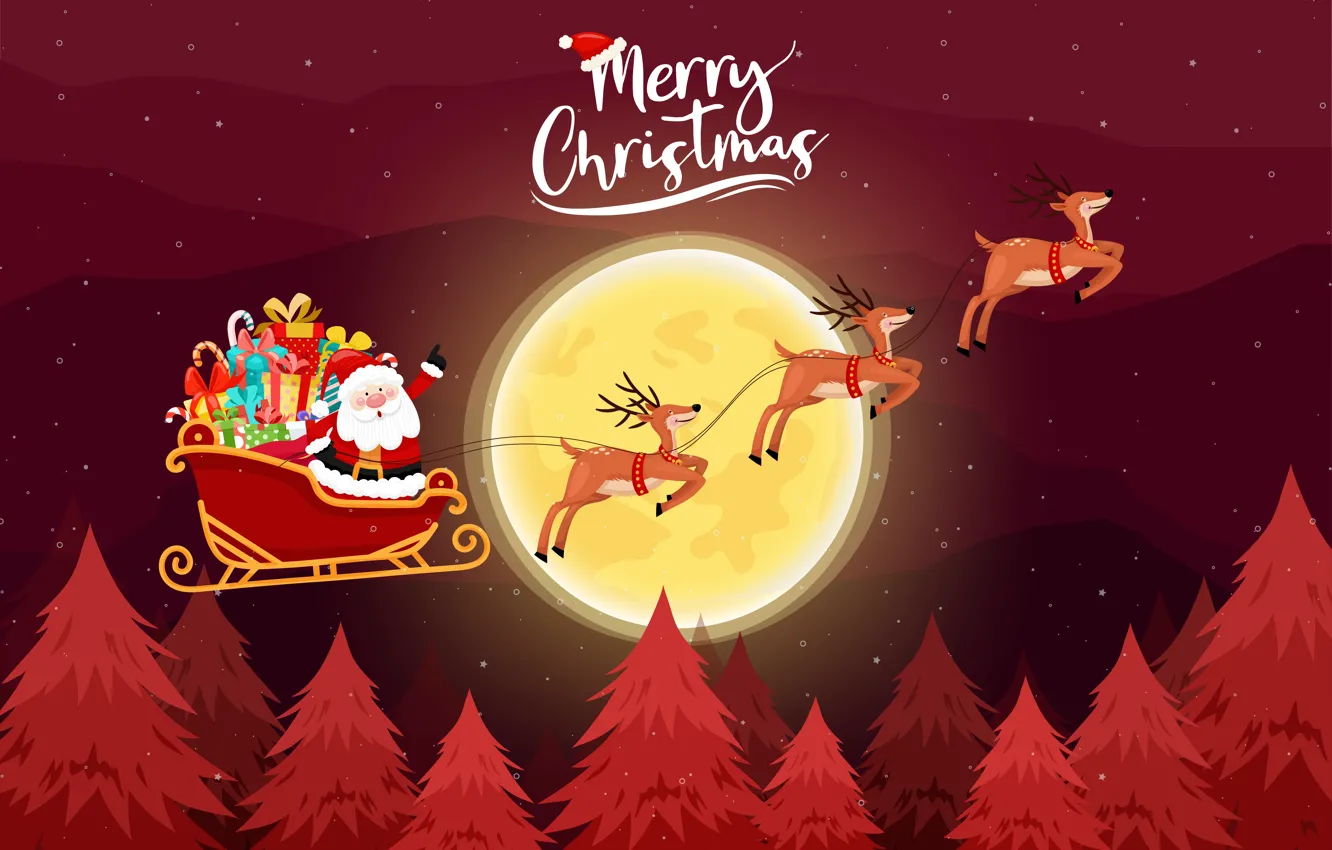 Фото обои Зима, Ночь, Луна, Рождество, Новый год, Санта Клаус, Олени, Merry Christmas