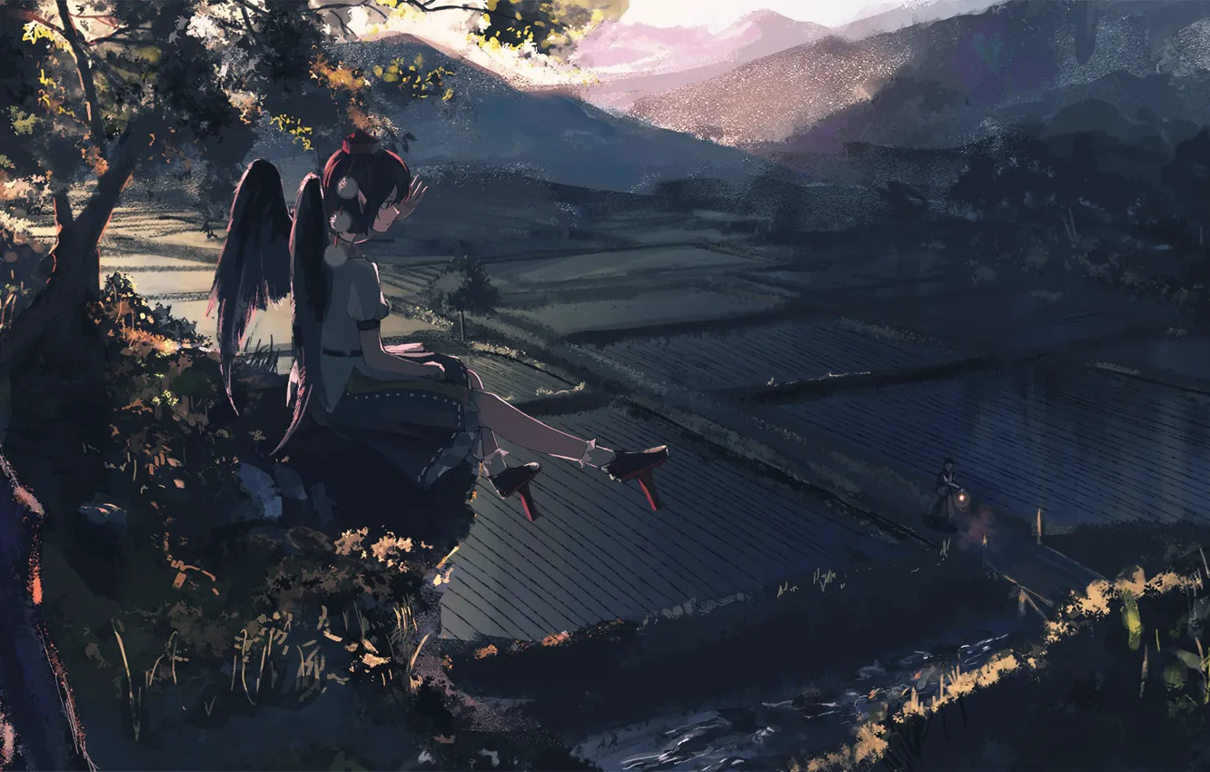 Фото обои тропинка, путник, Aya Shameimaru, рисовые поля, черные крылья, Touhou Project, Проект Восток, летний вечер
