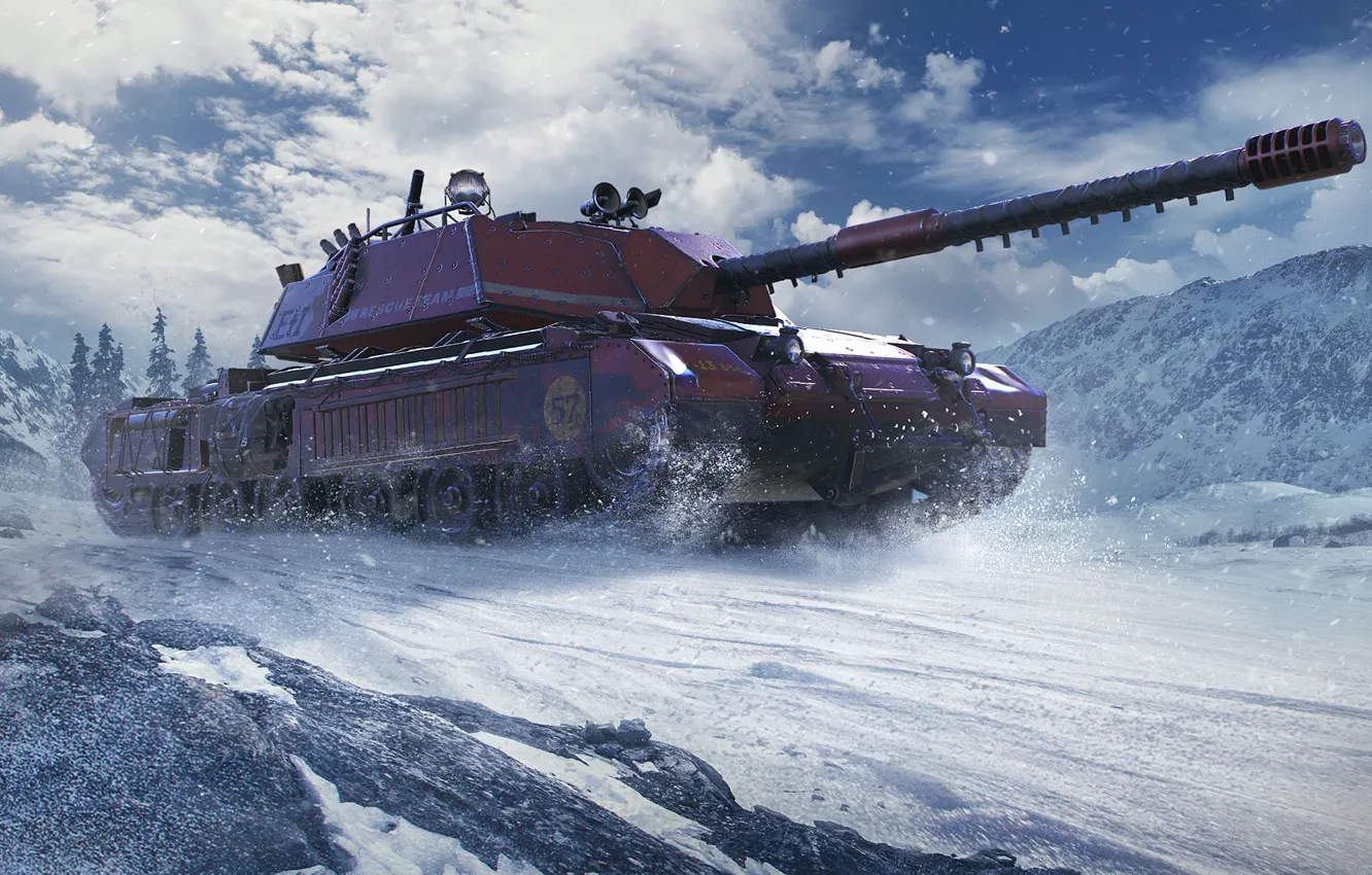 Фото обои зима, снег, красный, танк, World of Tanks, WOT, bisonte c45