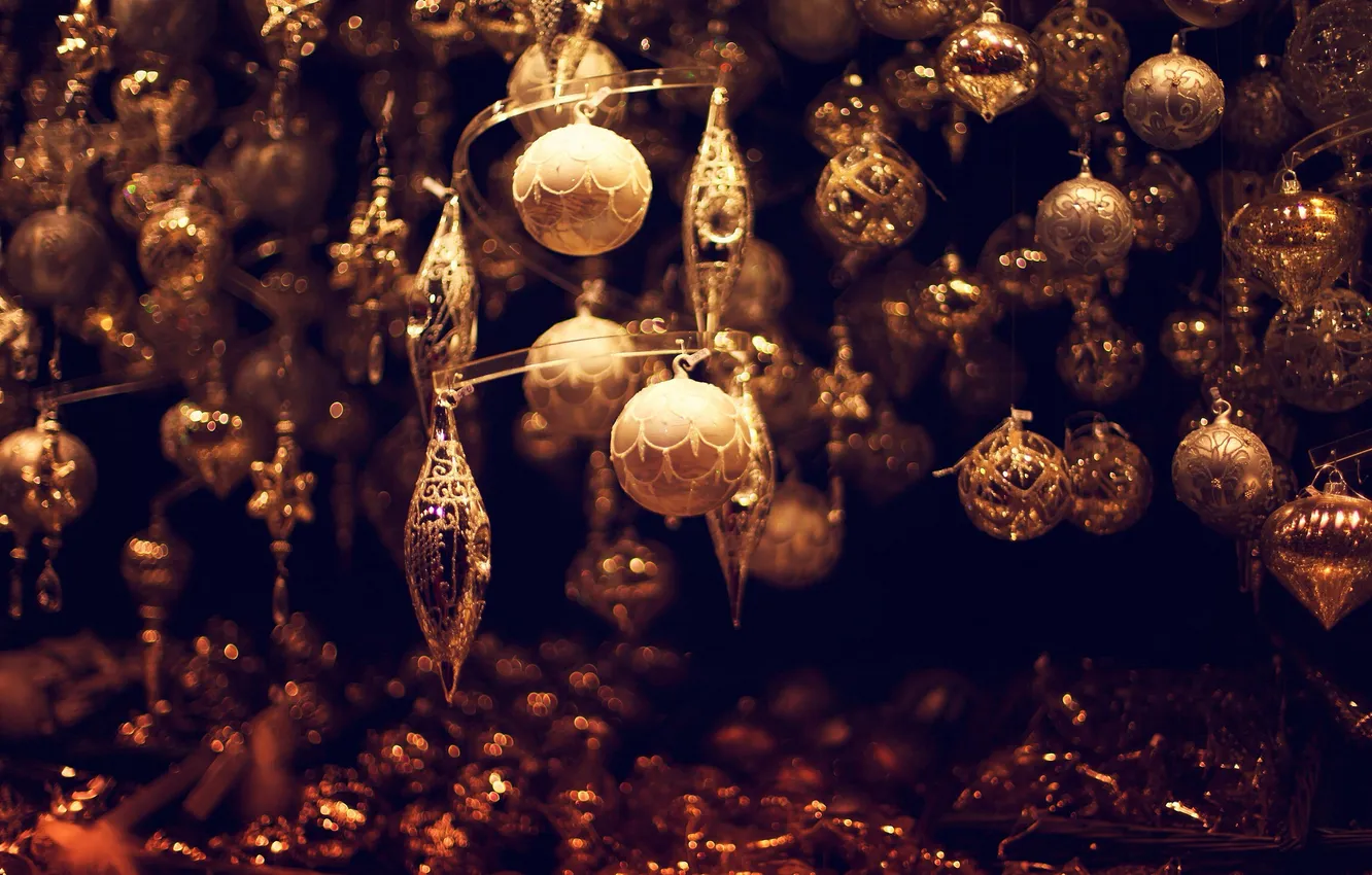 Фото обои зима, шарики, игрушки, Новый Год, Рождество, Christmas, золотые, праздники