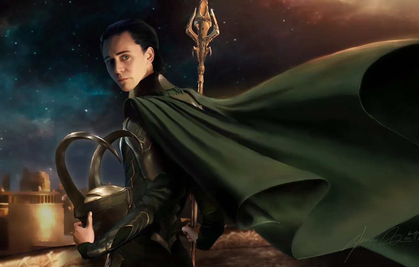 Фото обои небо, бог, шлем, копье, плащ, Loki