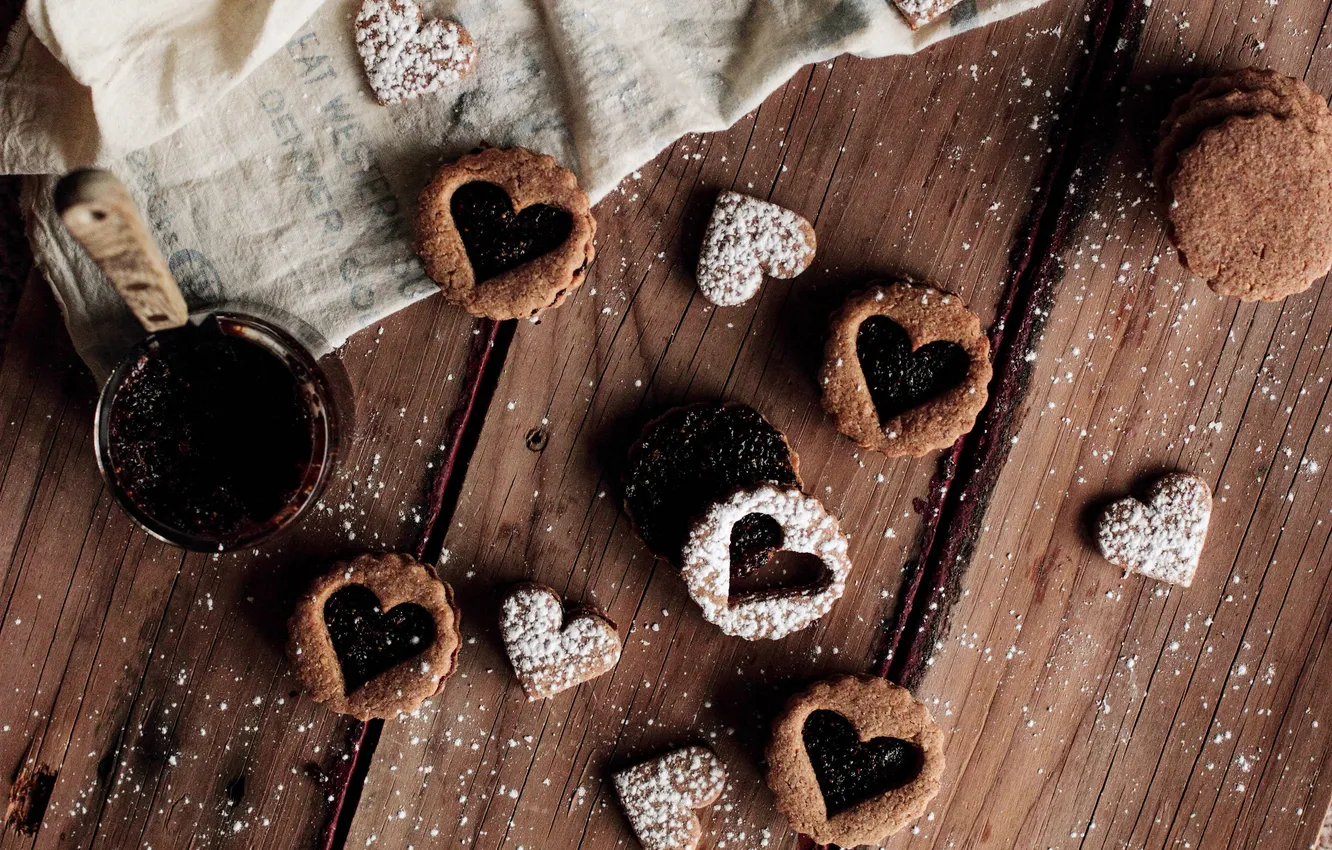 Фото обои сердца, печенье, сердечки, выпечка, джем, сладкое