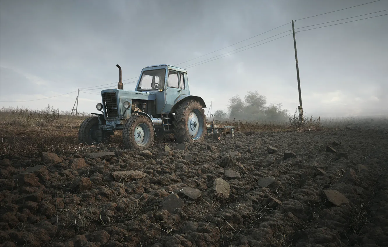 Фото обои поле, небо, трактор, Беларус