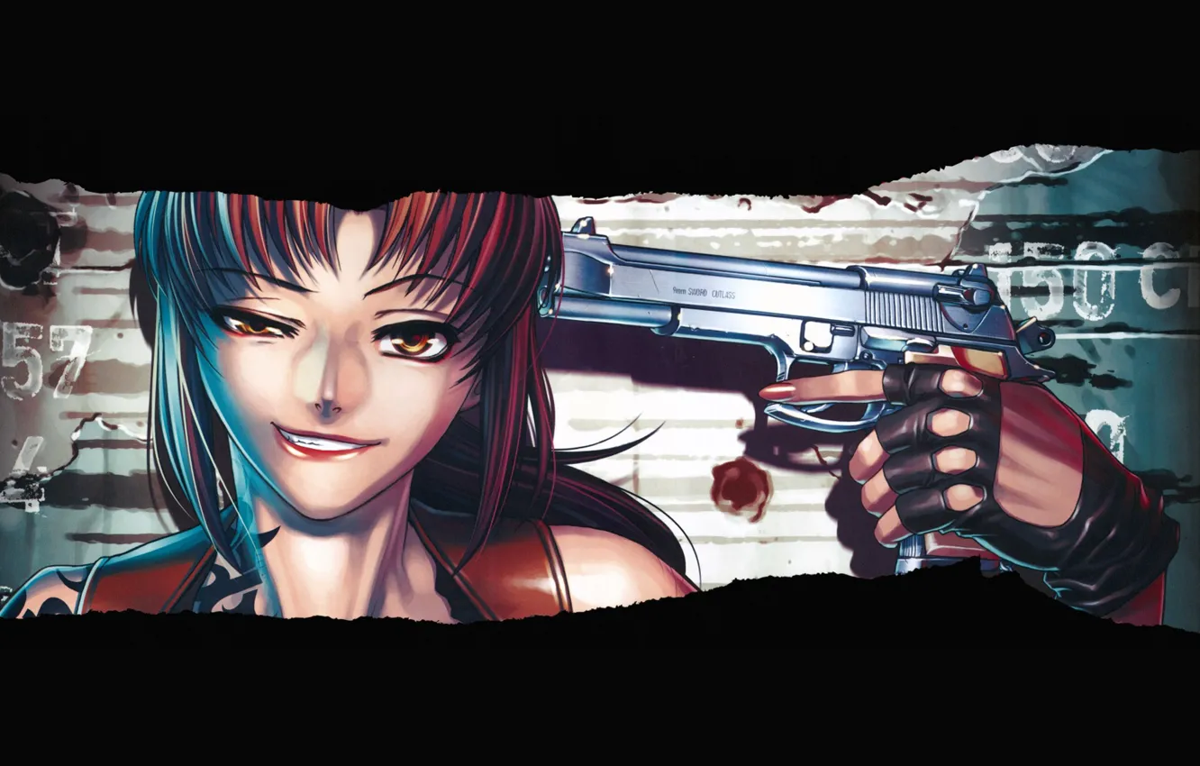 Фото обои Black Lagoon, Revy, girl, gun, weapon, anime, artwork, black background