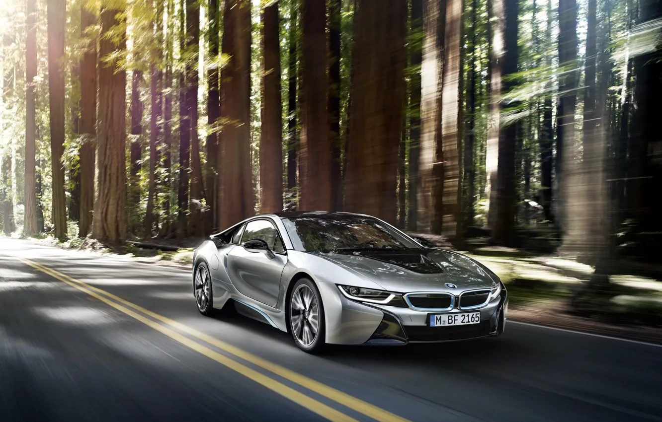 Фото обои car, авто, лес, бмв, в движении, BMW i8