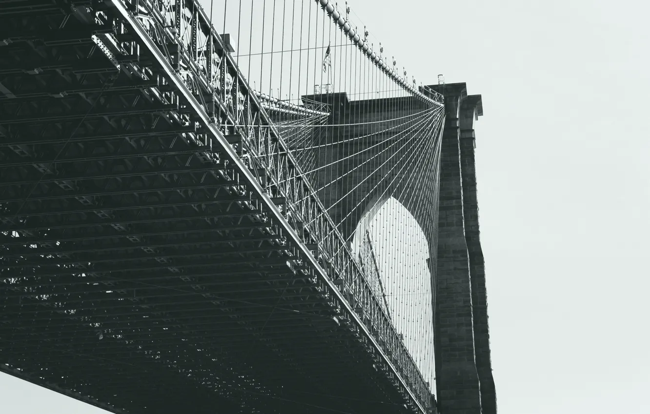 Фото обои мост, город, Нью-Йорк, Бруклин, Манхеттен, черно-белое, USA, США
