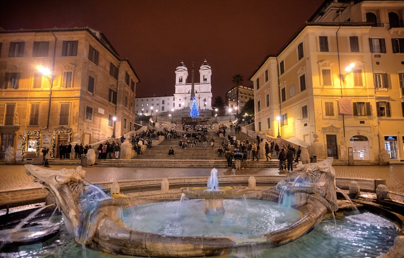 Фото обои огни, люди, вечер, Рим, Италия, ступени, фонтан, Испанская лестница