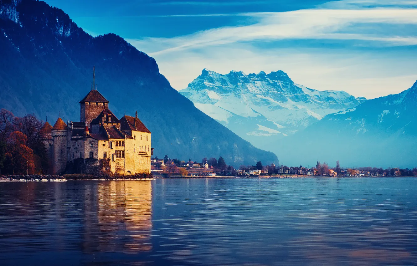 Фото обои горы, город, Швейцария, Женевское озеро