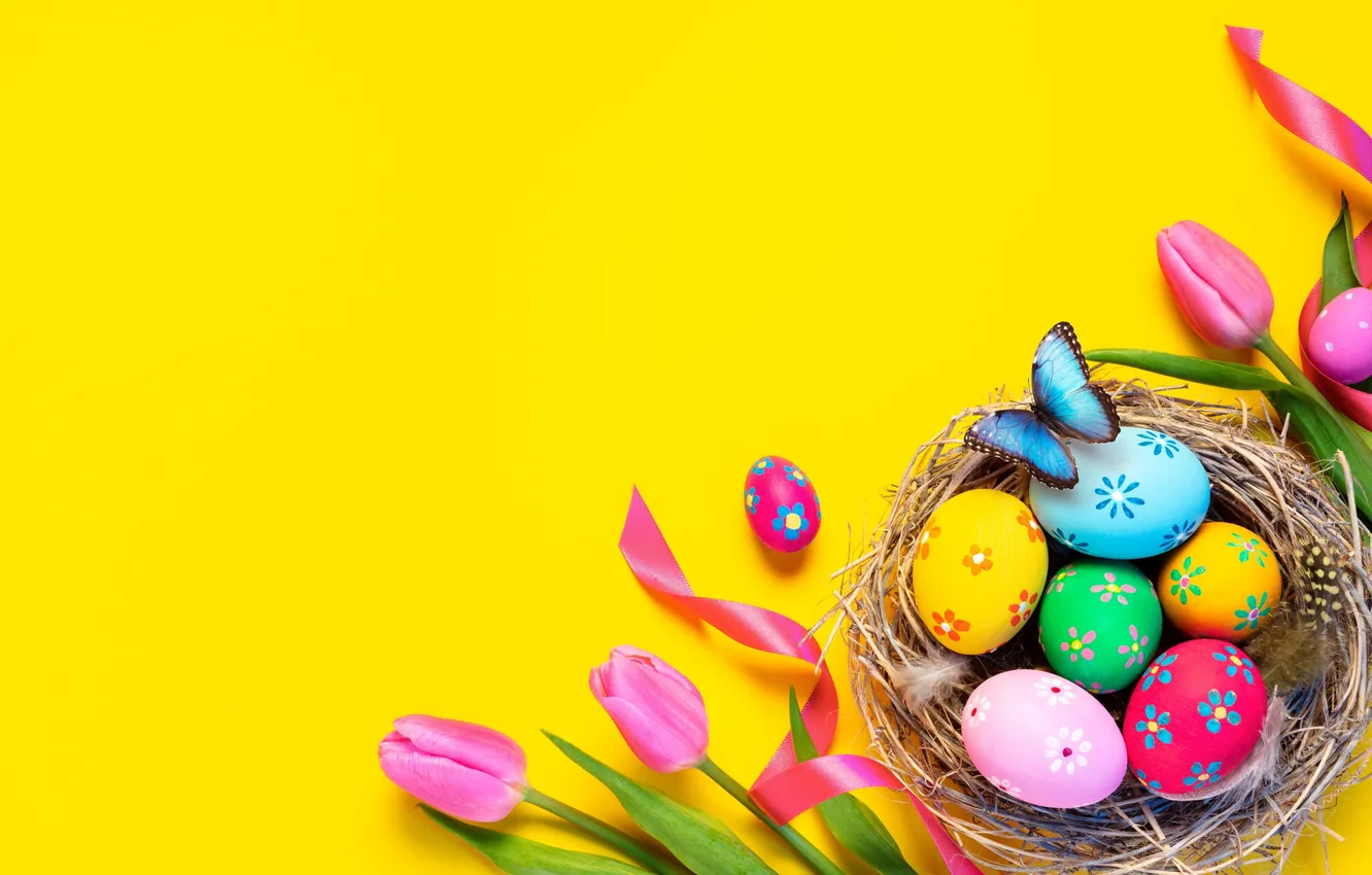 Фото обои цветы, яйца, весна, colorful, Пасха, happy, flowers, tulips