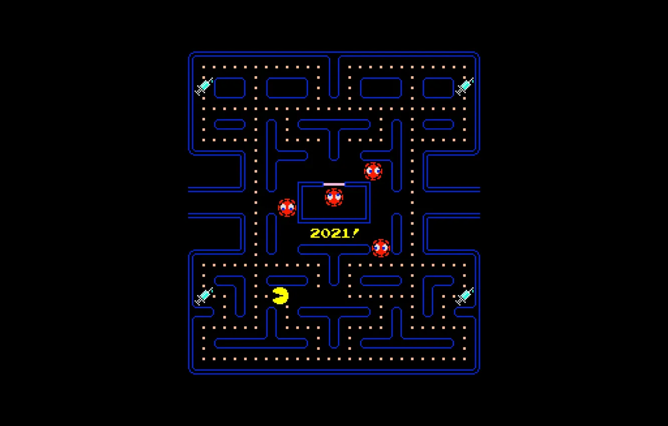 Фото обои ретро, pac man, вирусы, namco, аркада, 2021, вакцина, covid