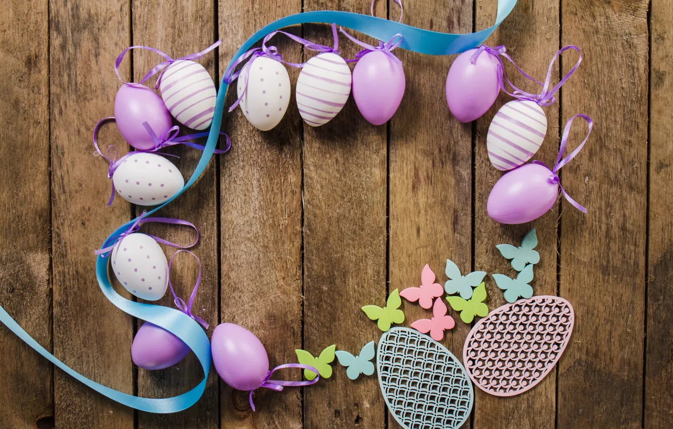 Фото обои бабочки, яйца, весна, Пасха, лента, wood, spring, Easter