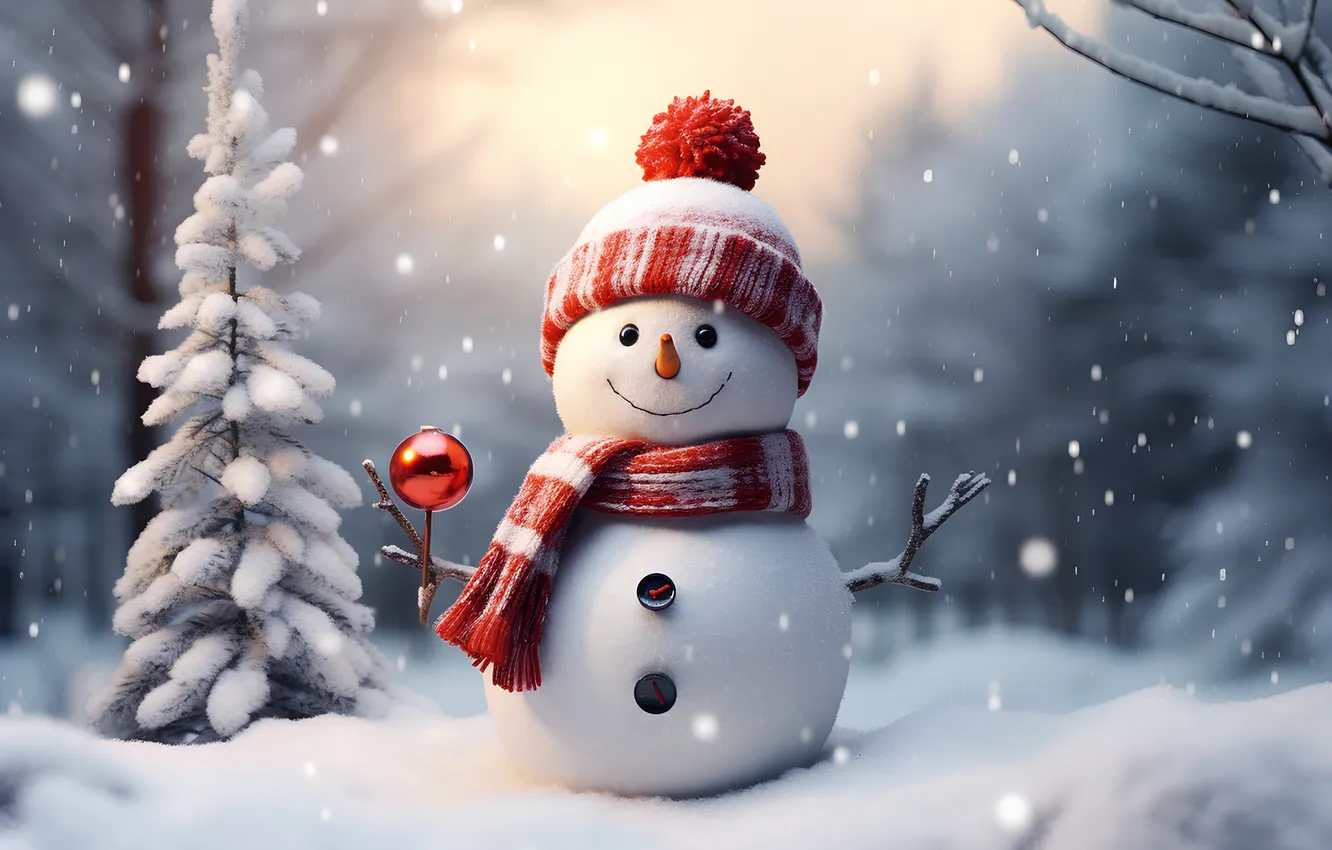 Фото обои зима, снег, Рождество, Новый год, снеговик, Christmas, winter, snow