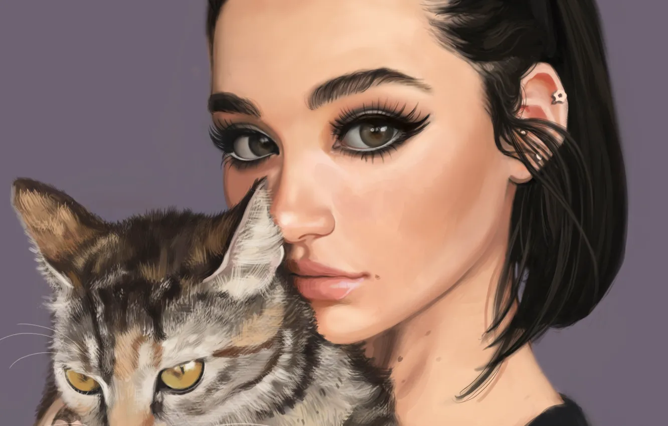 Фото обои кот, взгляд, девушка, лицо, животное, макияж, арт