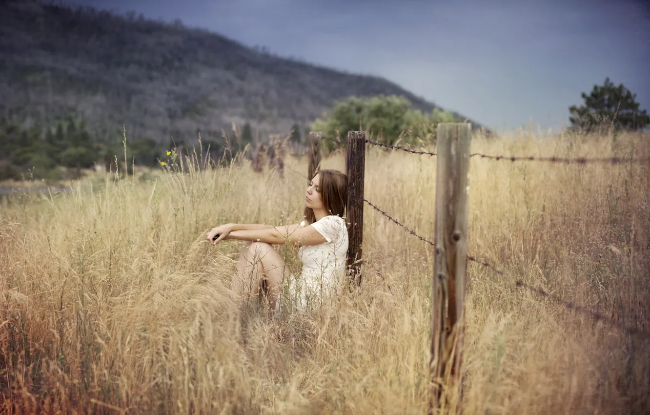 Фото обои поле, девушка, забор