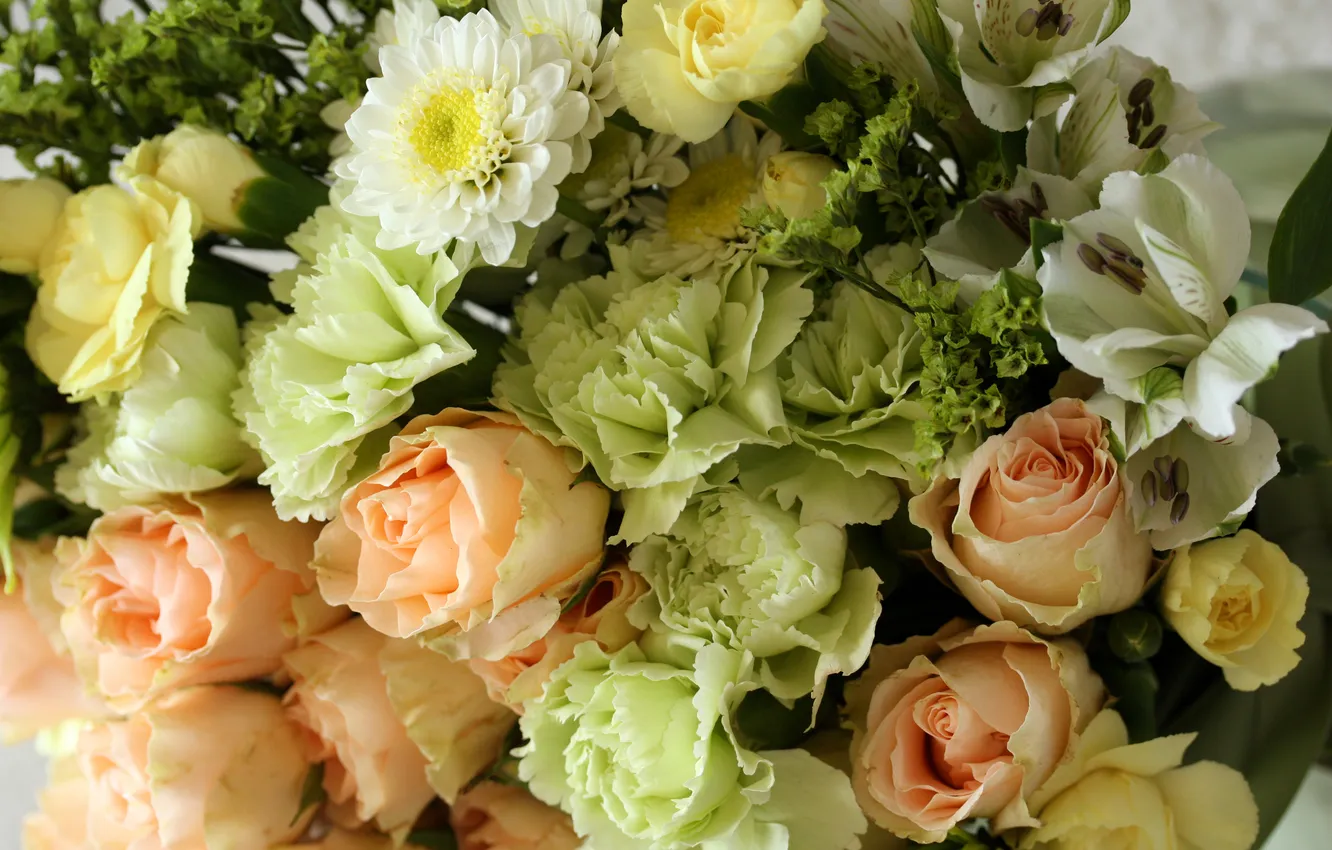 Фото обои цветы, фото, розы, хризантемы, альстрёмерия