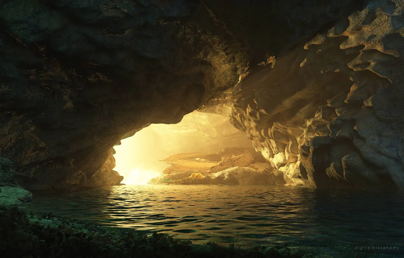 Фото обои light, fantasy, water, dragon, sleep, cave