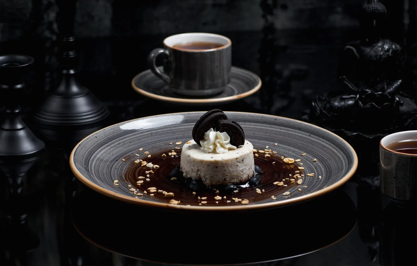 Фото обои чай, тарелка, мороженое, чашки, пирожное, десерт, сироп, Oreo