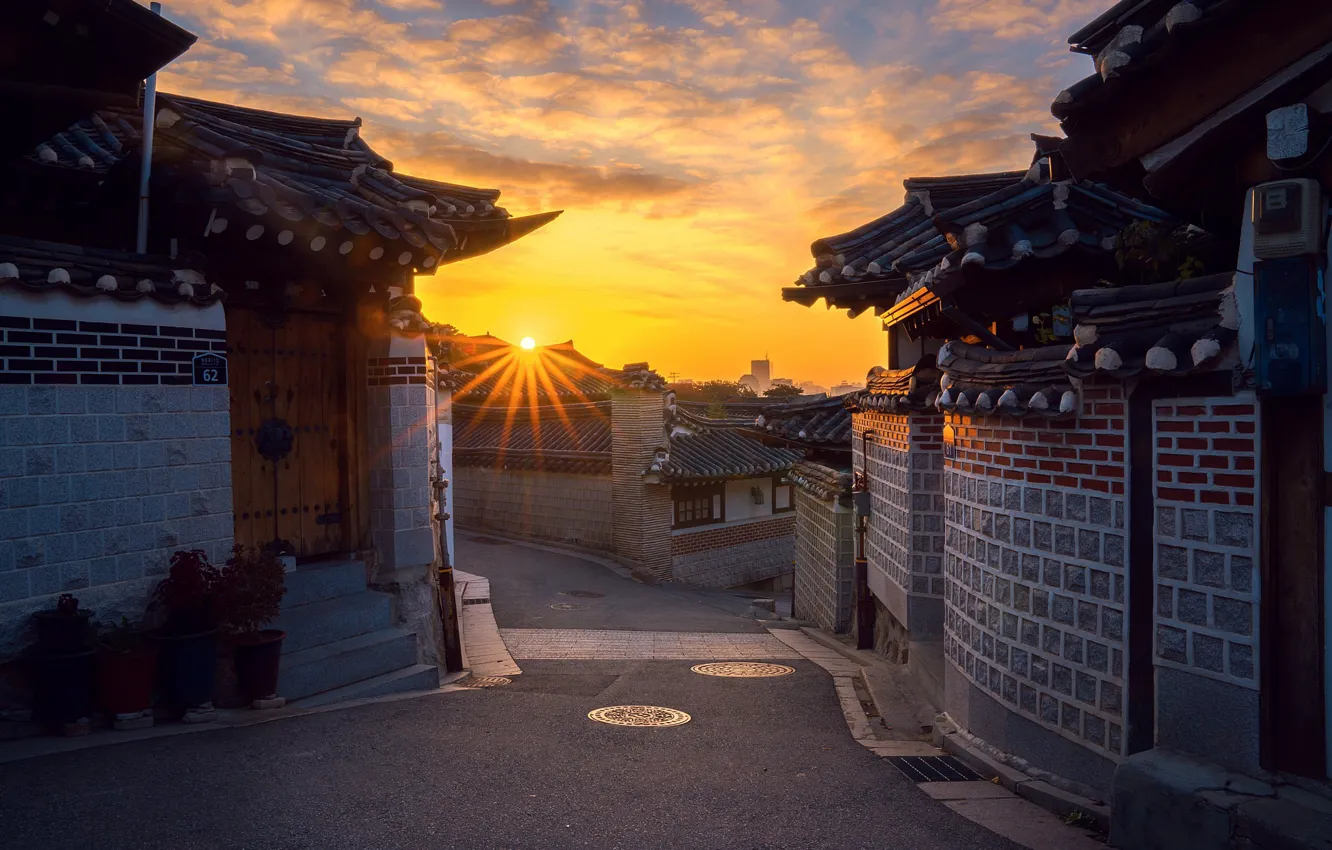 Фото обои рассвет, утро, Сеул, старый город, Южная Корея