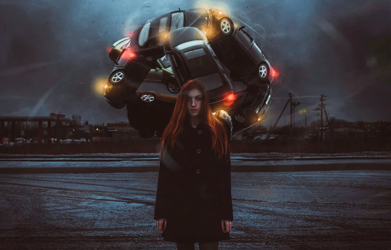 Фото обои авто, девушка, арт, metamorphosis, шиномонтаж