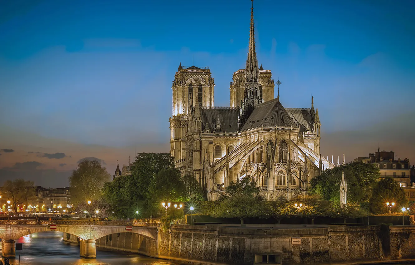 Фото обои река, Париж, Собор, фонари, Нотр-Дам, Собор Парижской богоматери