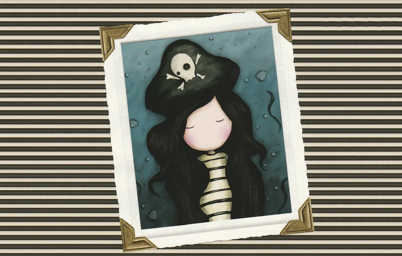 Фото обои полоска, шляпа, рамка, ракушки, пиратка, черные волосы, тельняшка, закрытые глаза