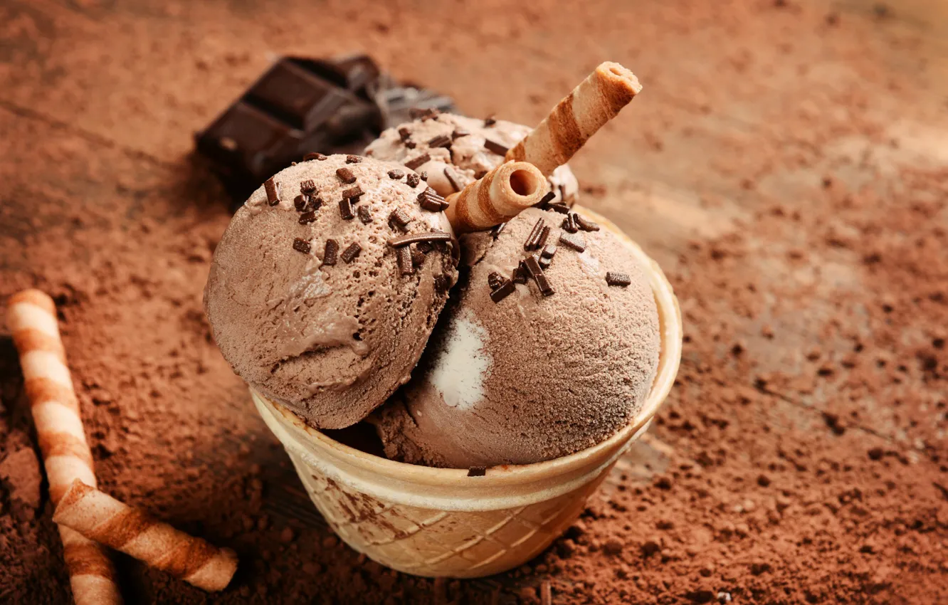 Фото обои трубочки, какао, шоколадное мороженое, вафельный стаканчик