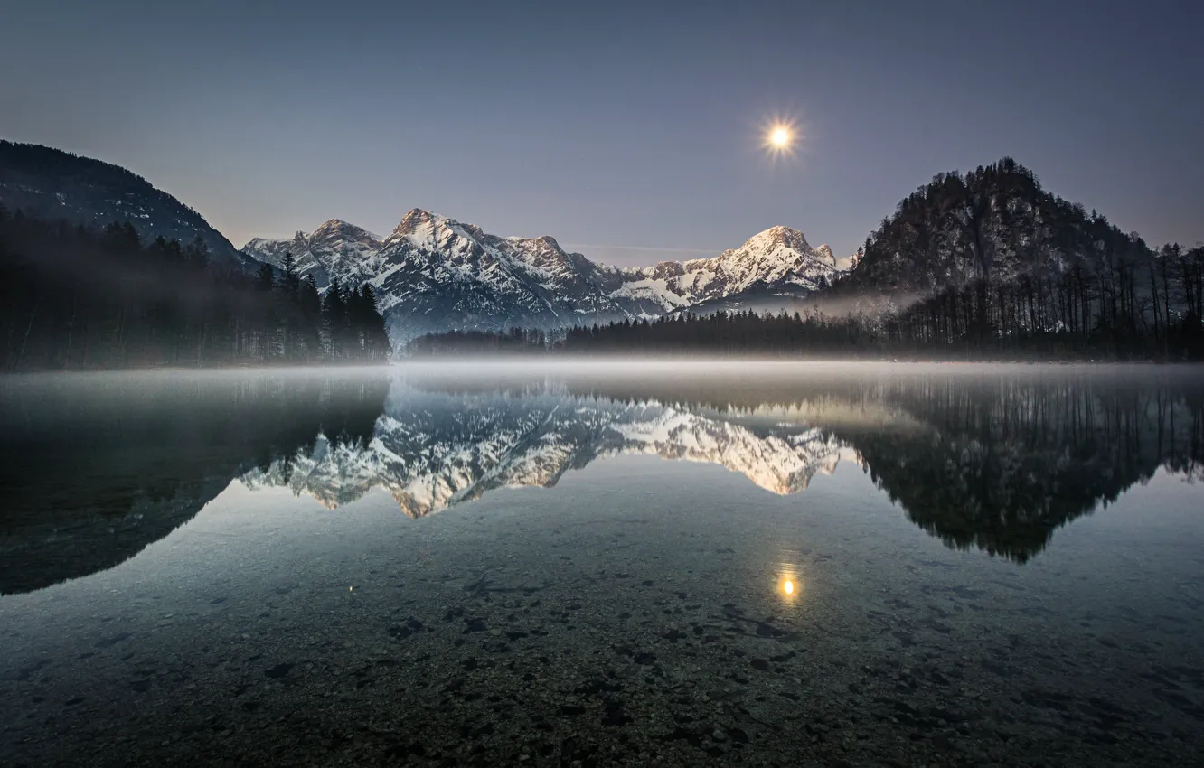 Фото обои горы, озеро, отражение, луна, Австрия, Альпы, Austria, Alps