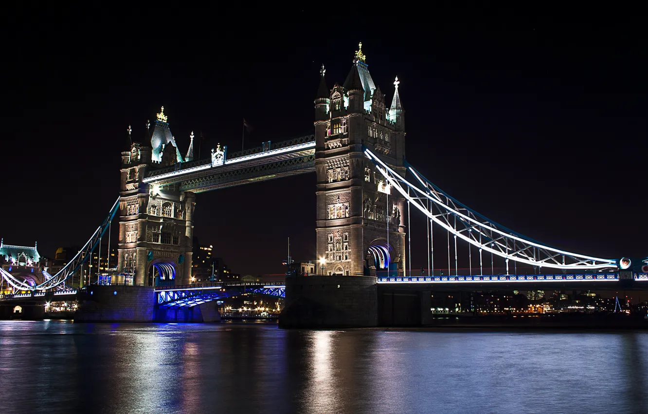 Фото обои ночь, мост, огни, река, Англия, Лондон, Темза, Тауэрский мост