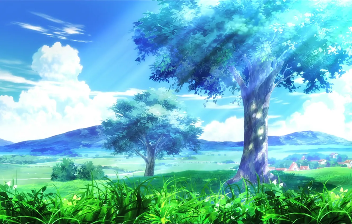 Фото обои небо, трава, облака, деревья, пейзаж, горы, город, Аниме