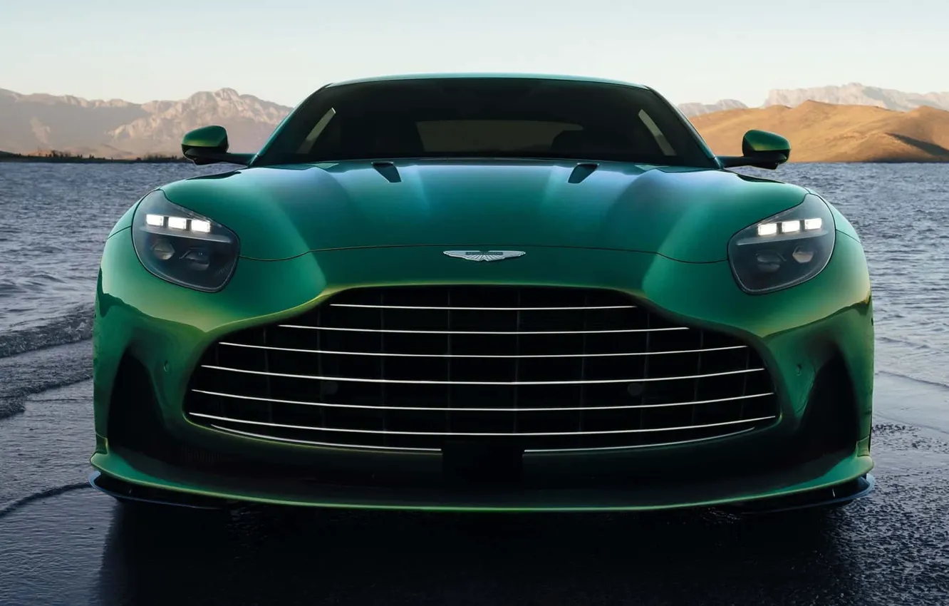 Фото обои Aston Martin, берег, вид спереди, водоем, спортивное купе, 2023, sports coupe, Aston Martin DB12