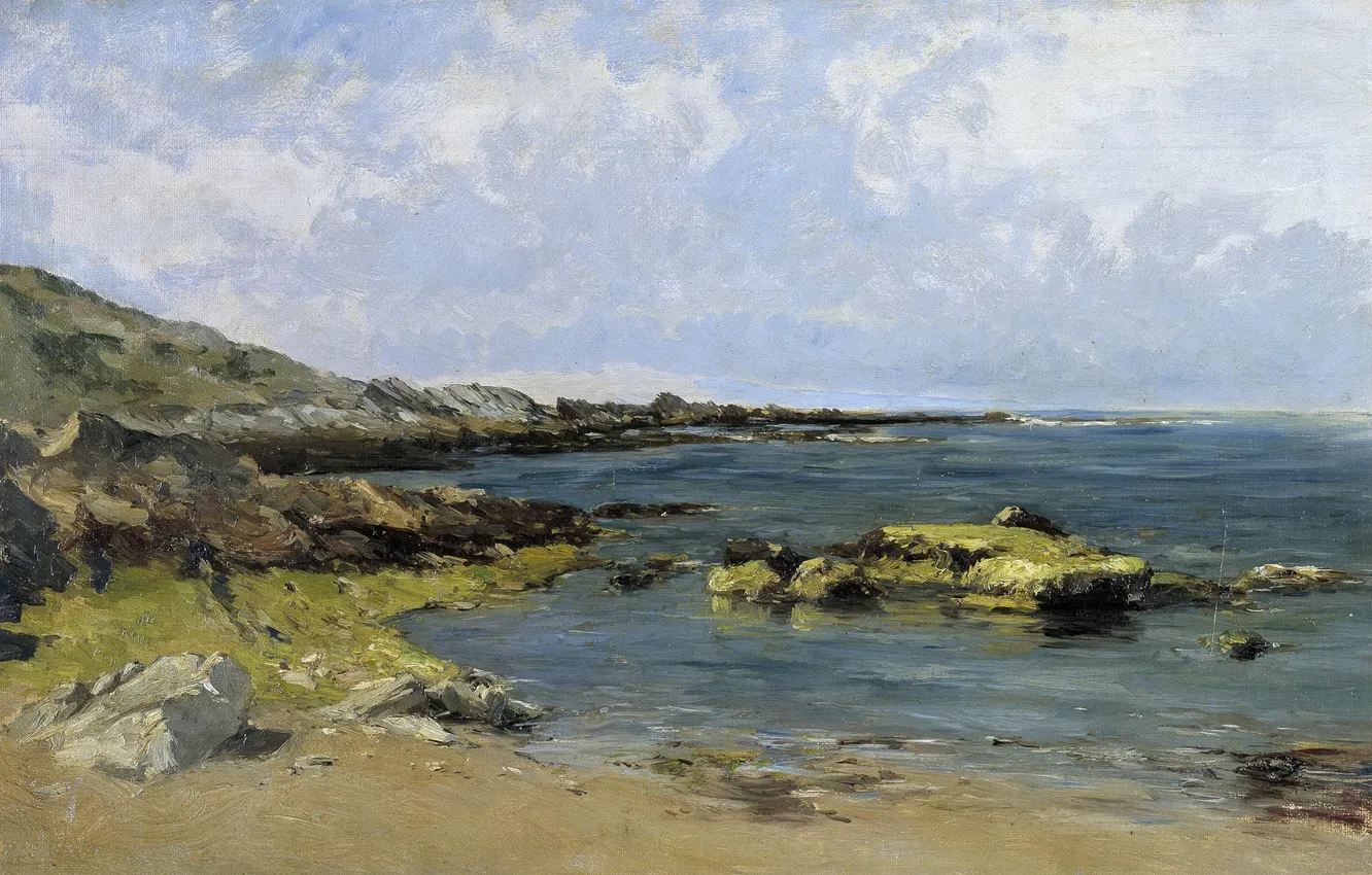 Фото обои камни, берег, картина, морской пейзаж, Карлос де Хаэс, Прилив