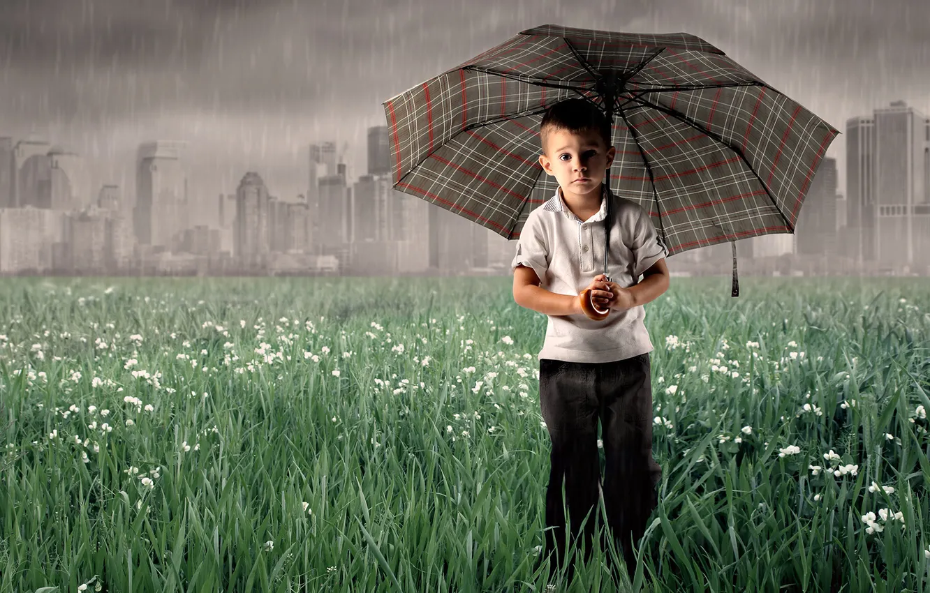 Фото обои грусть, дождь, зонт, мальчик