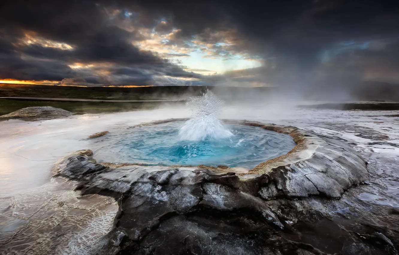 Фото обои небо, вода, закат, природа, вулкан, ледник, Исландия, гейзер