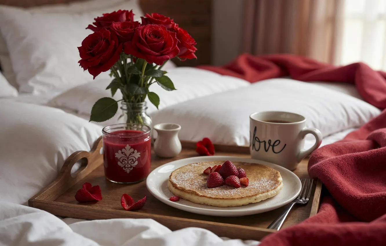 Фото обои любовь, цветы, романтика, сердце, розы, завтрак, love, happy