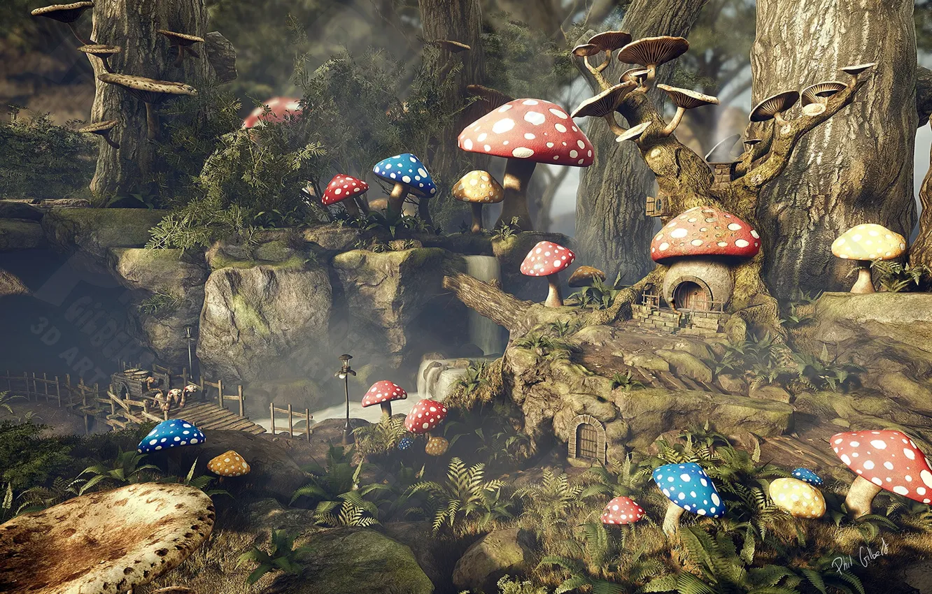 Фото обои лес, мост, растительность, грибы, Mushroom Treehouse
