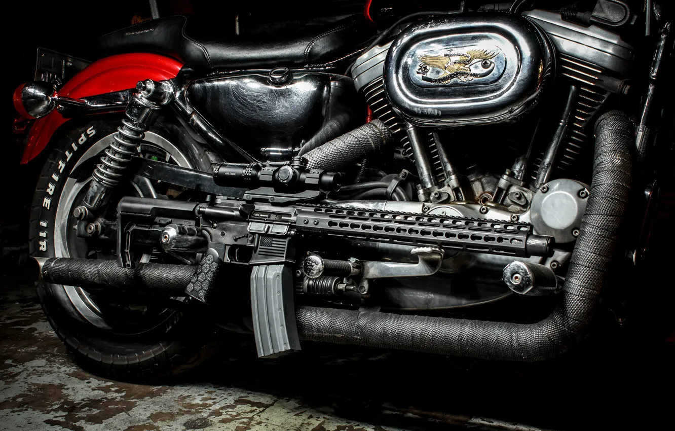 Фото обои байк, американская, AR-15, полуавтоматическая винтовка