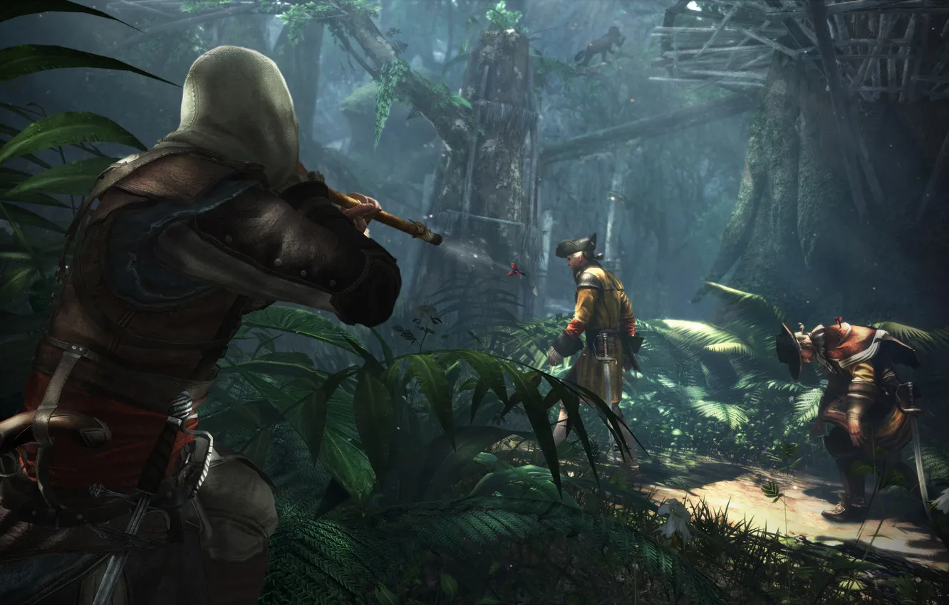 Фото обои лес, деревья, пират, солдаты, Assassins Creed, ассассин, Эдвард Кенуэй, капер