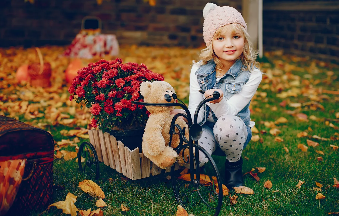 Фото обои осень, цветы, велосипед, листва, игрушка, сад, мишка, блондинка