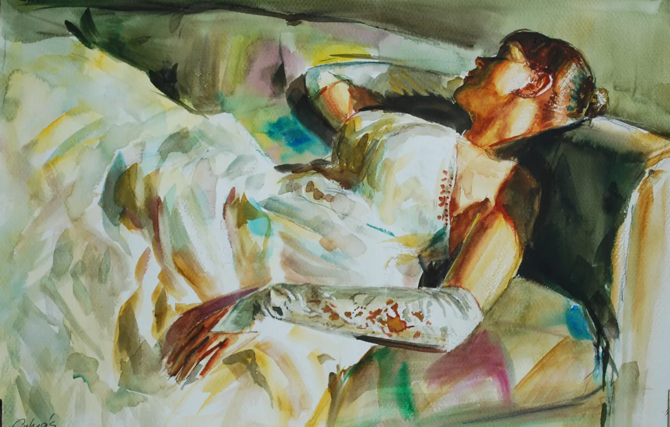 Фото обои усталость, декольте, спящая женщина, Laszlo Gulyas, Ласло Гулис