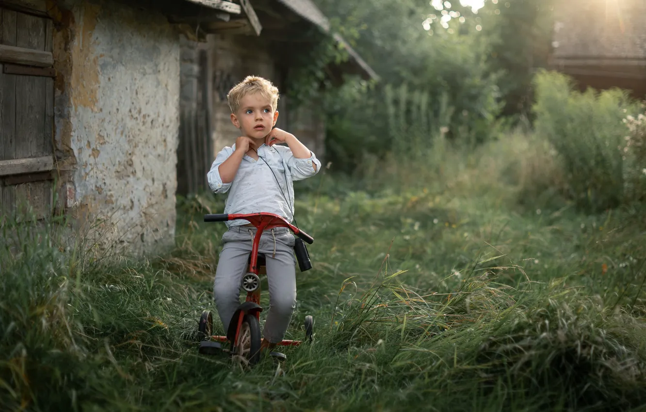 Фото обои велосипед, настроение, мальчик