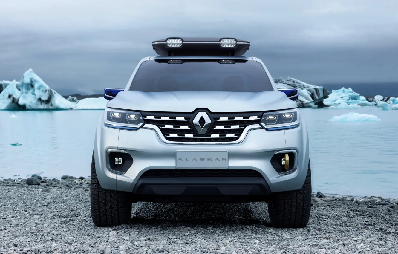 Фото обои берег, серебристый, Renault, вид спереди, пикап, 2015, Alaskan Concept