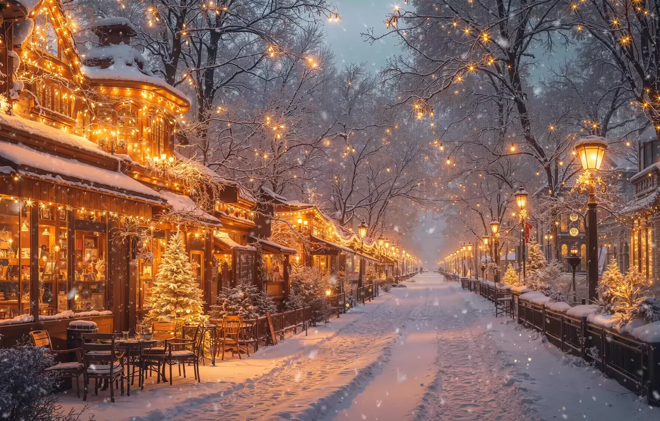 Фото обои lights, snow, street, lights Christmas, Christmas shops