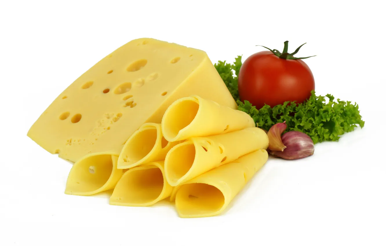 Фото обои зелень, сыр, помидор, чеснок