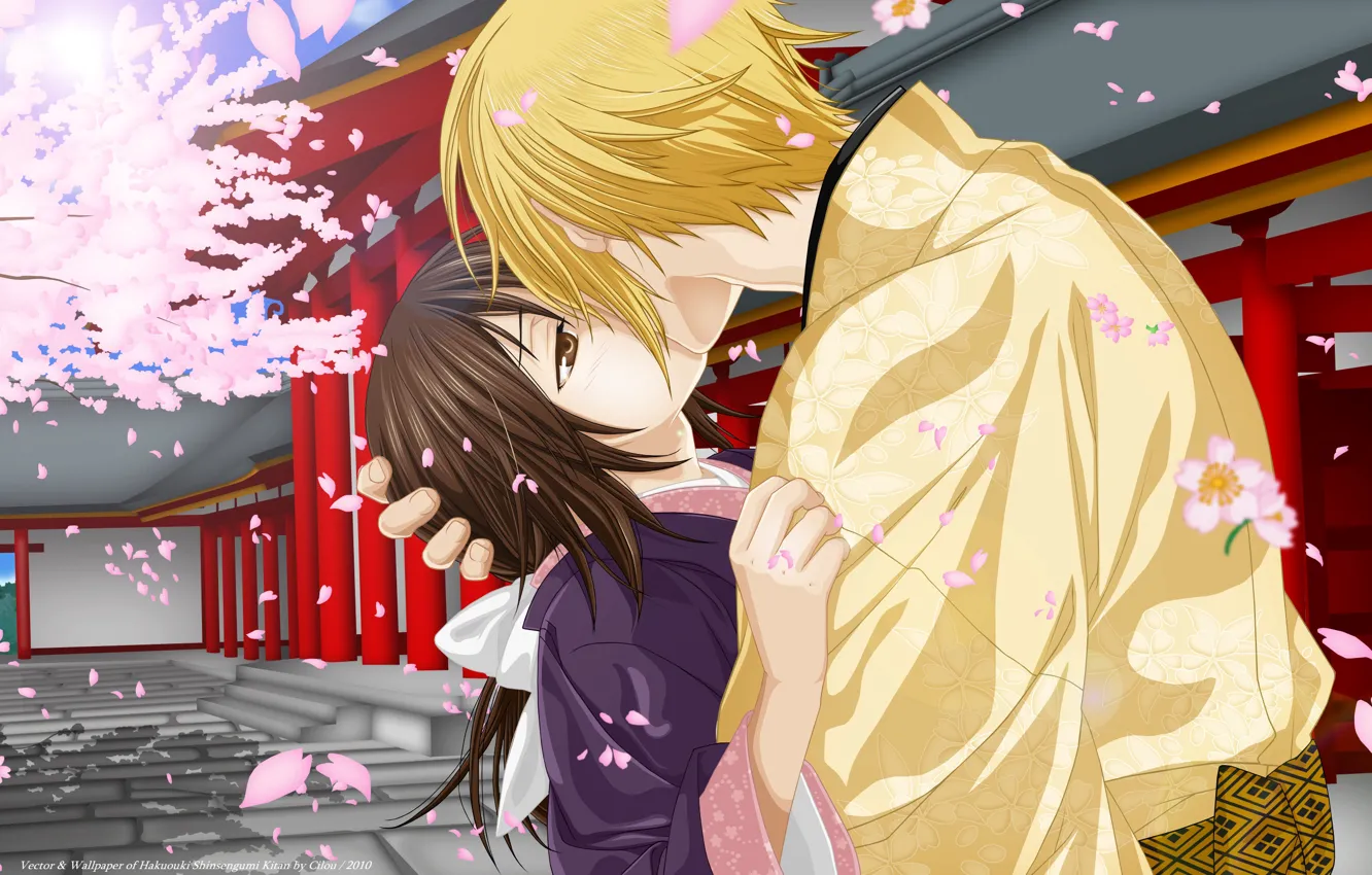 Фото обои романтика, поцелуй, аниме, арт, двое, Hakuouki, Yukimura Chizuru, Kazama Chikage
