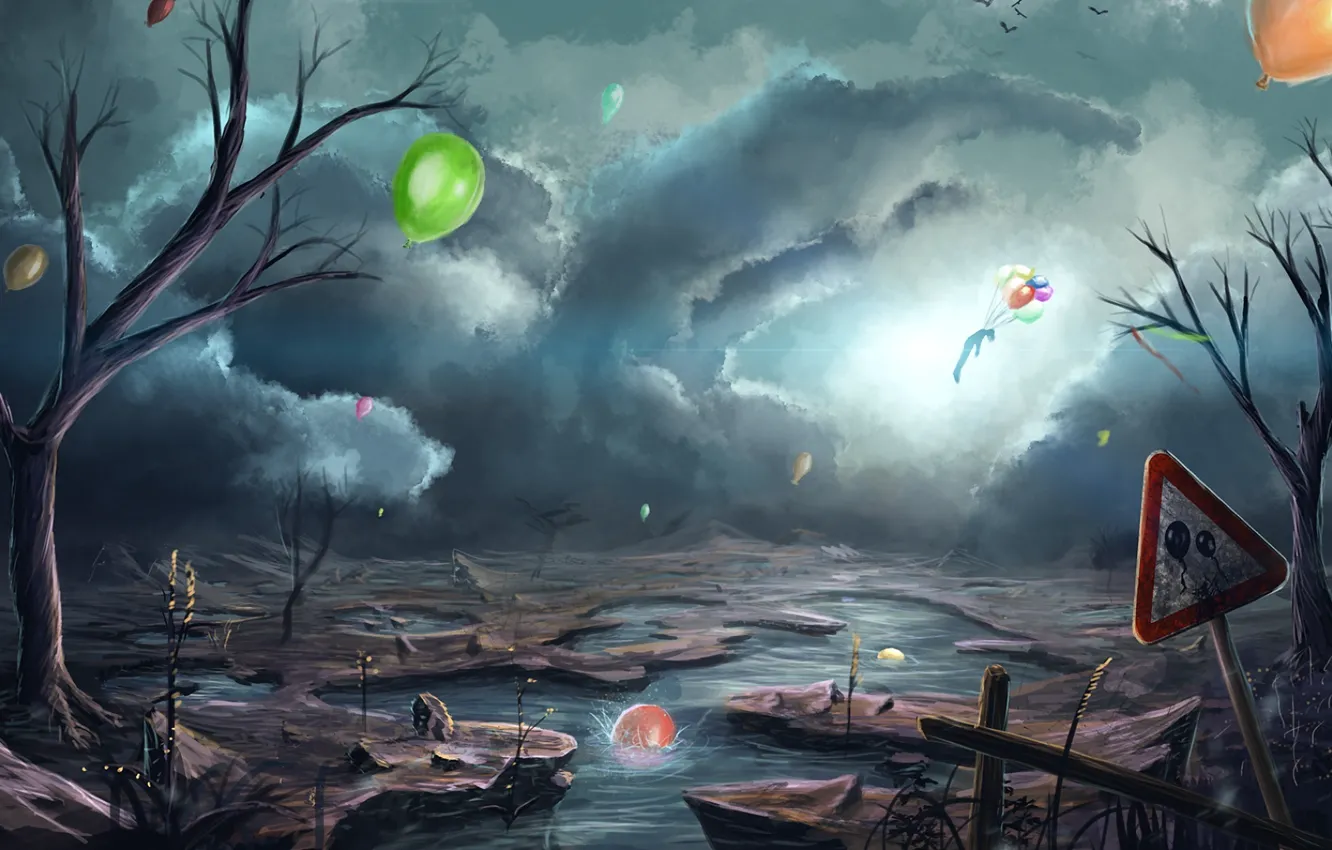 Фото обои облака, птицы, река, воздушные шары, апокалипсис, человек, арт