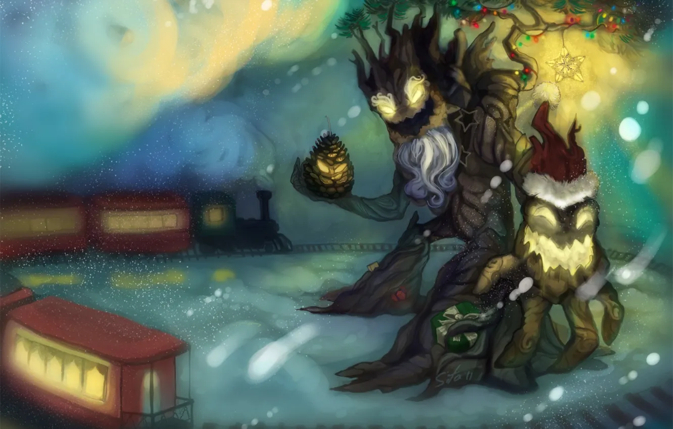 Фото обои зима, деревья, новый год, духи, арт, christmas or winter maokai, by laments