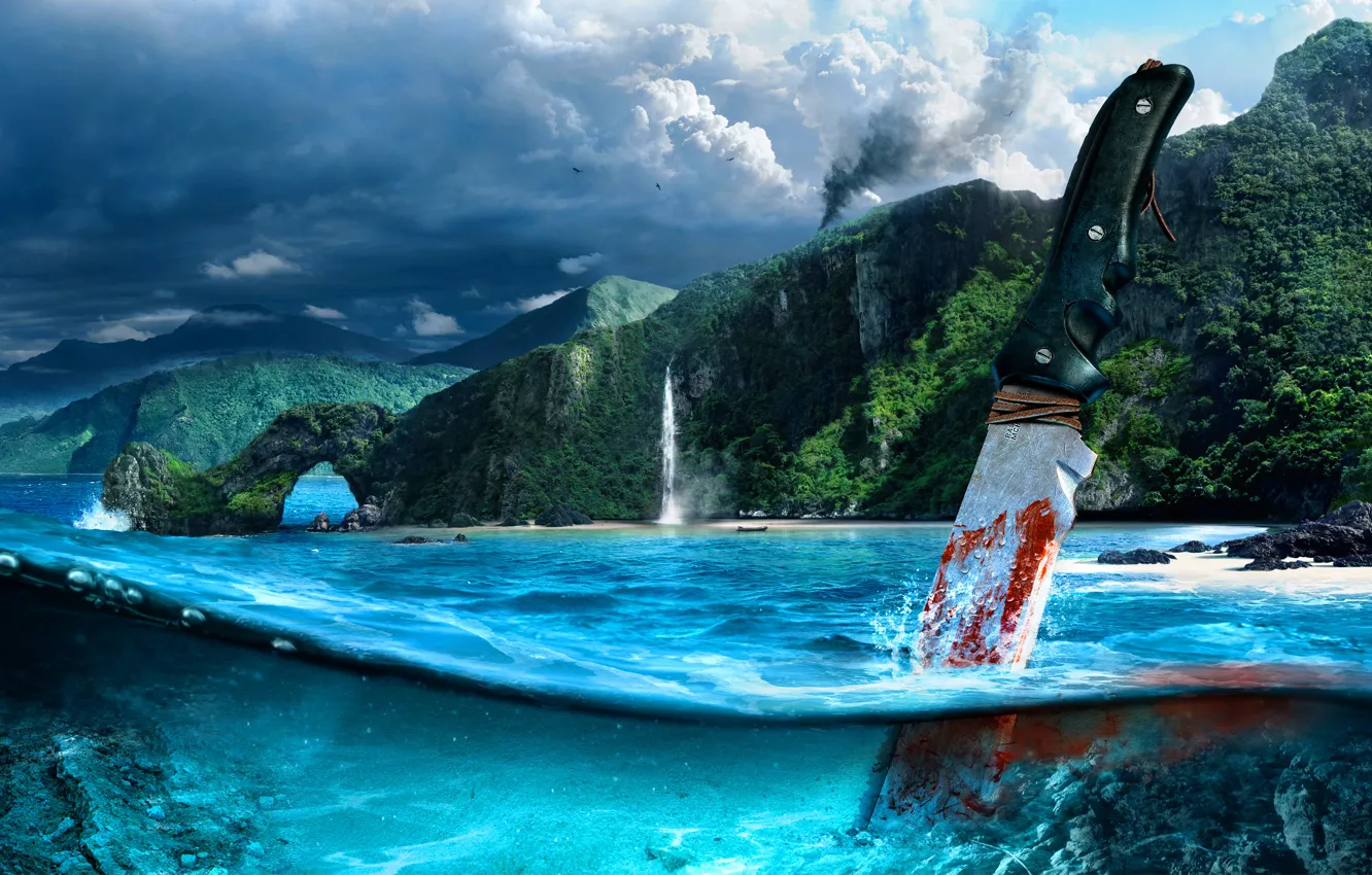 Фото обои море, горы, кровь, нож, shooter, Far cry 3