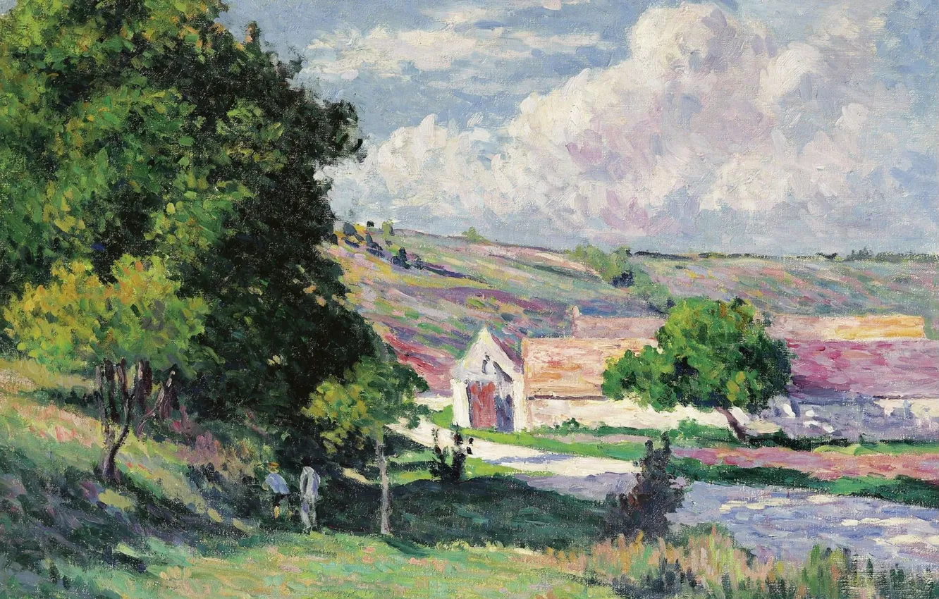 Фото обои пейзаж, картина, 1905, Максимильен Люс, Maximilien Luce, Мулинё. Ореховые Деревья