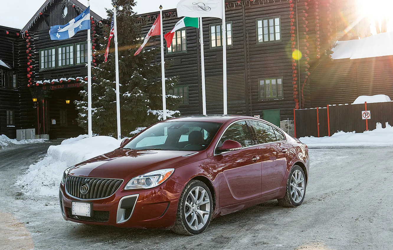 Фото обои авто, снег, флаги, Отель, Buick-Regal-GS